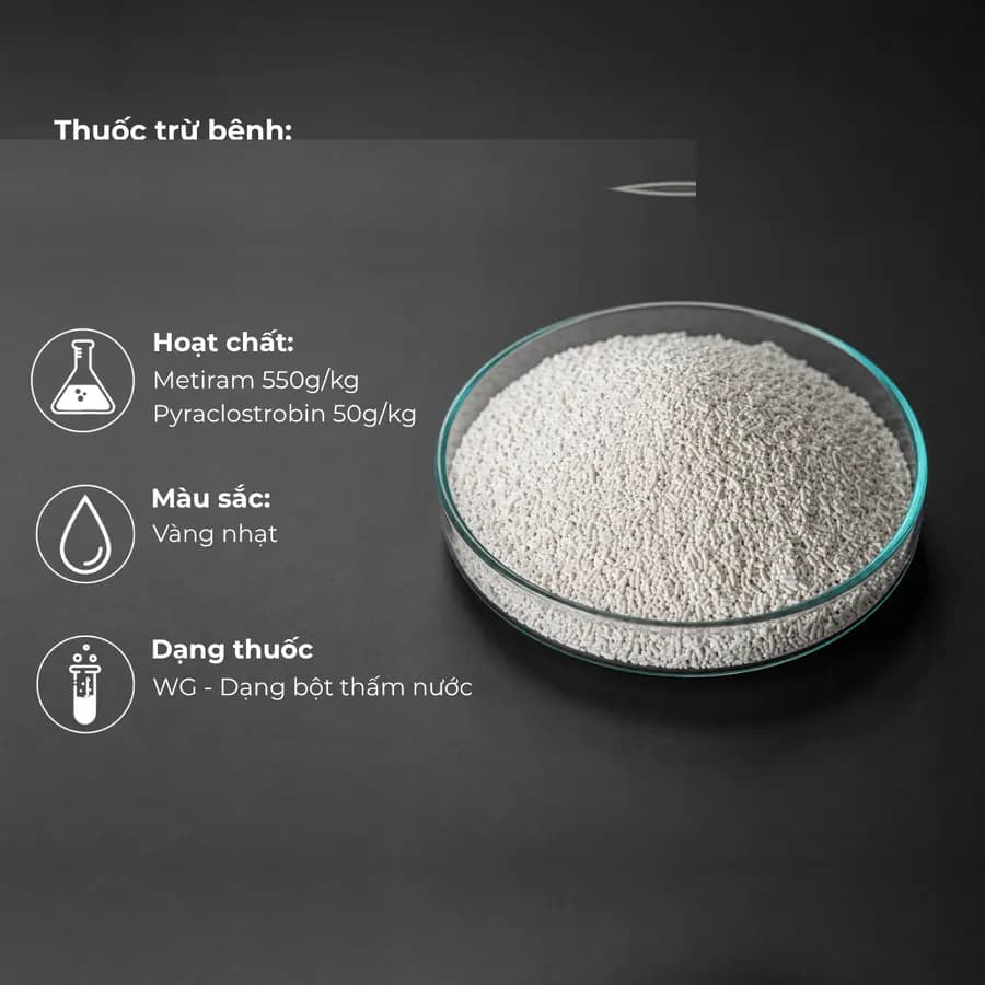 Mẫu Metiram 550 g/kg + Pyraclostrobin 50 g/kg · WG